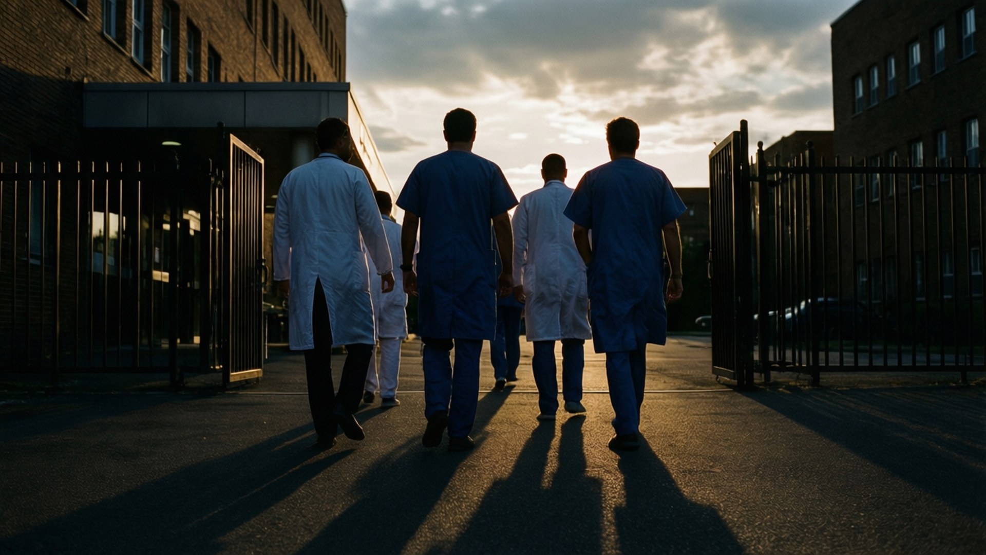 Dusk at the Hospital 壁紙 — 剪影的醫護人員穿著白袍和藍色手術服，穿過敞開的大門，走向金色的日落，遠離鏡頭。