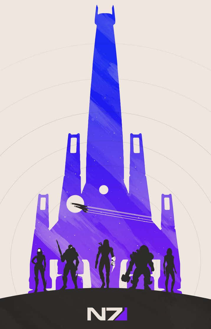 Mass Effect Trilogy 桌布 壁紙 — 剪影中的N7士兵站在高聳的紫色巨石前，一艘飛船在星空下疾馳而過。
