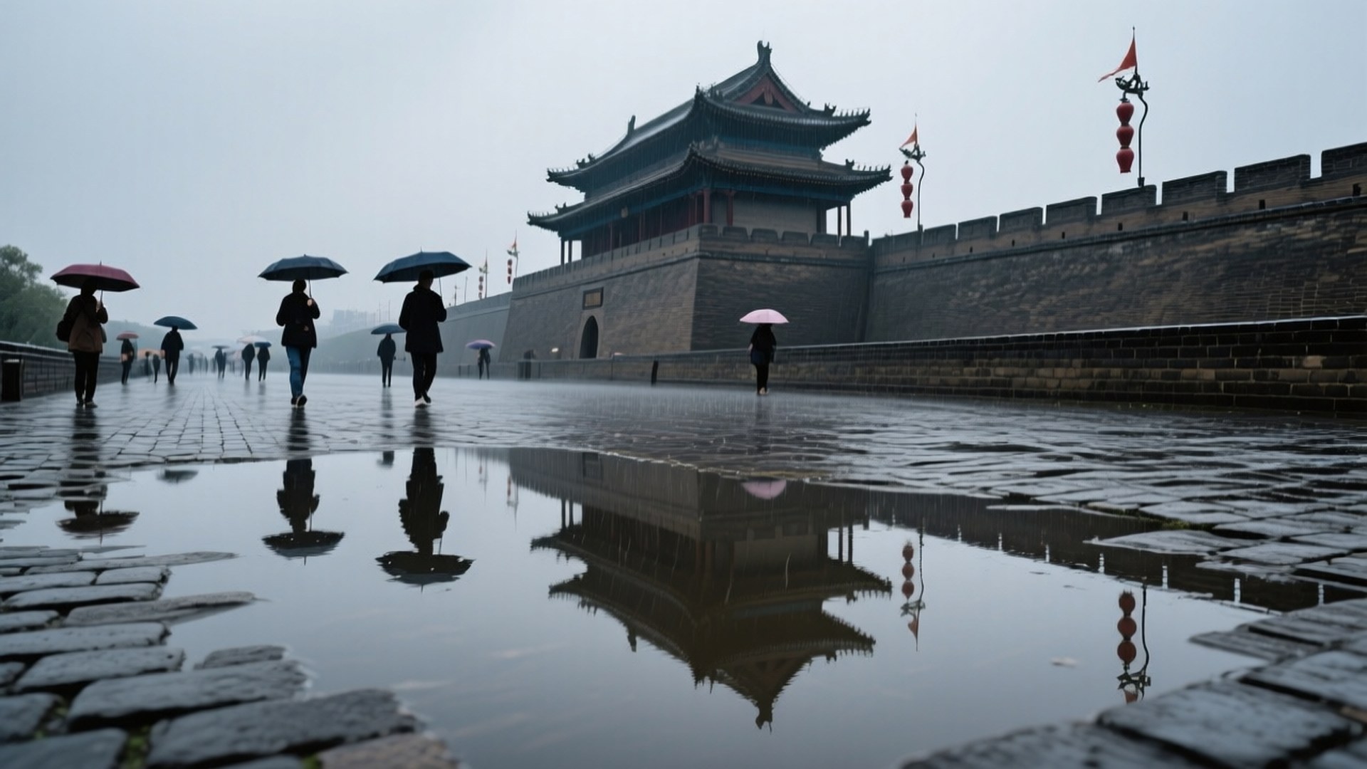 Rain on the Wall 壁紙 — 撐著傘的行人剪影沿著濕漉漉的石徑行走，石徑反射出傳統中國門樓，天空陰沉。