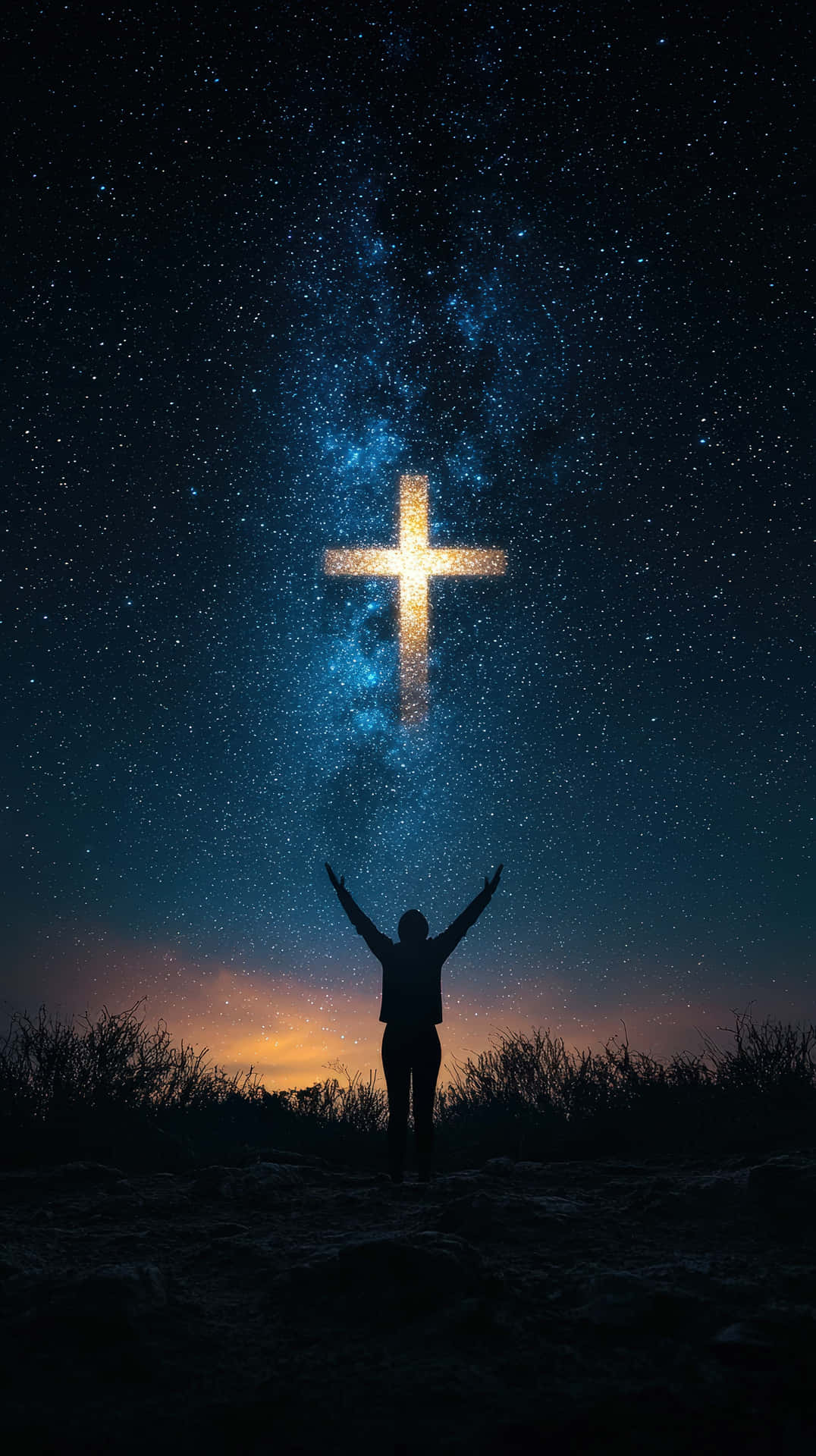 人物舉起雙臂面向星空夜空中發光的十字架 — 天空 壁紙