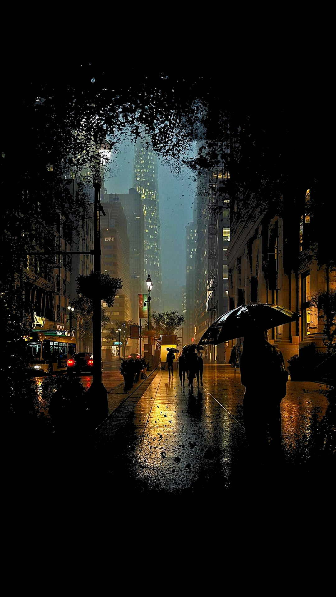 iPhone 11 Pro Black 桌布 壁紙 —  silhouetted 人物撐著雨傘在夜晚的雨濕城市街道上行走，被溫暖的路燈和發光的摩天大樓照亮。
