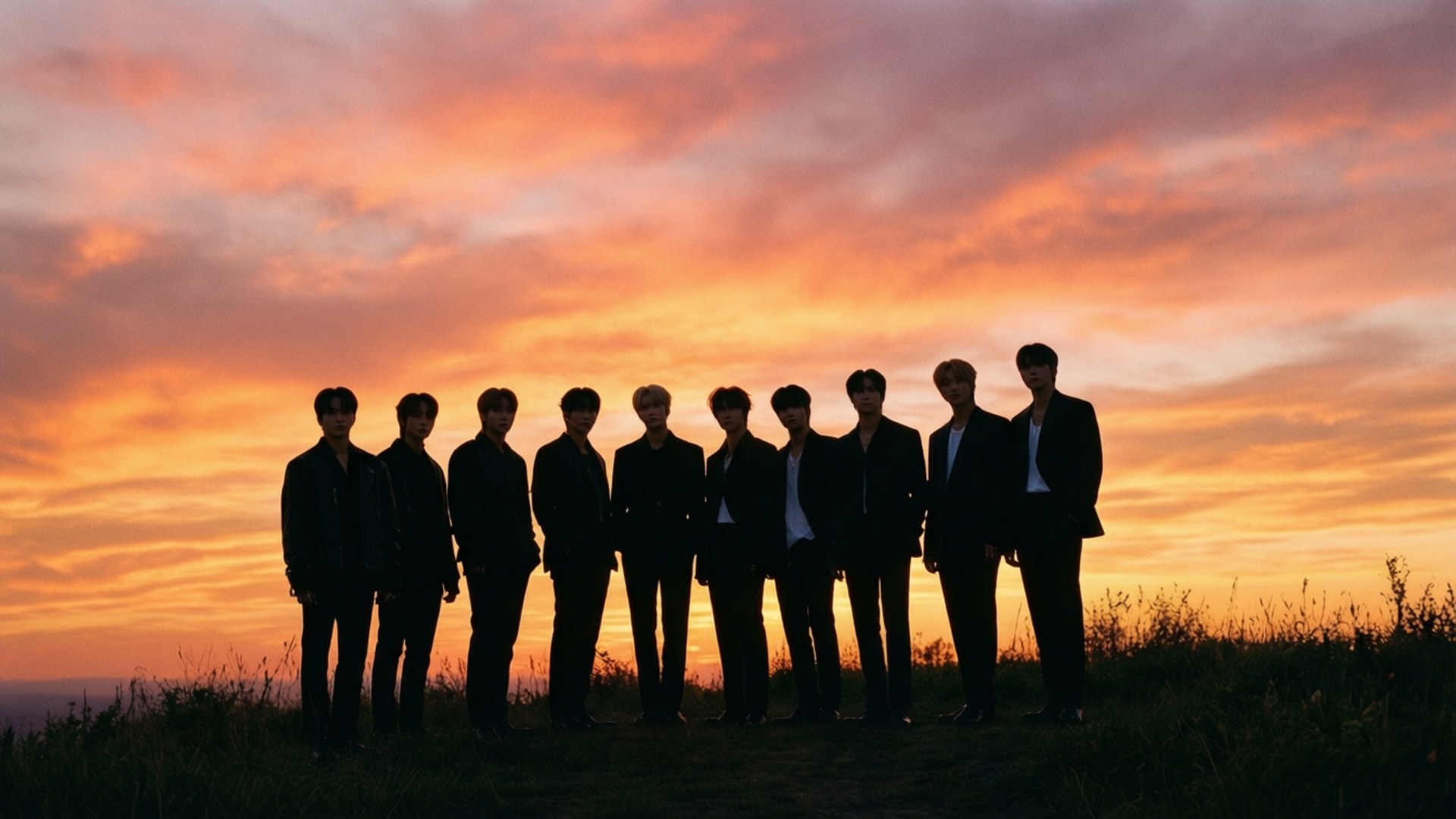 Sunset Silhouettes 壁紙 — 九個穿西裝的男人的剪影，排成一排站在長滿草的山丘上，背景是充滿活力的橙色和粉紅色日落天空。