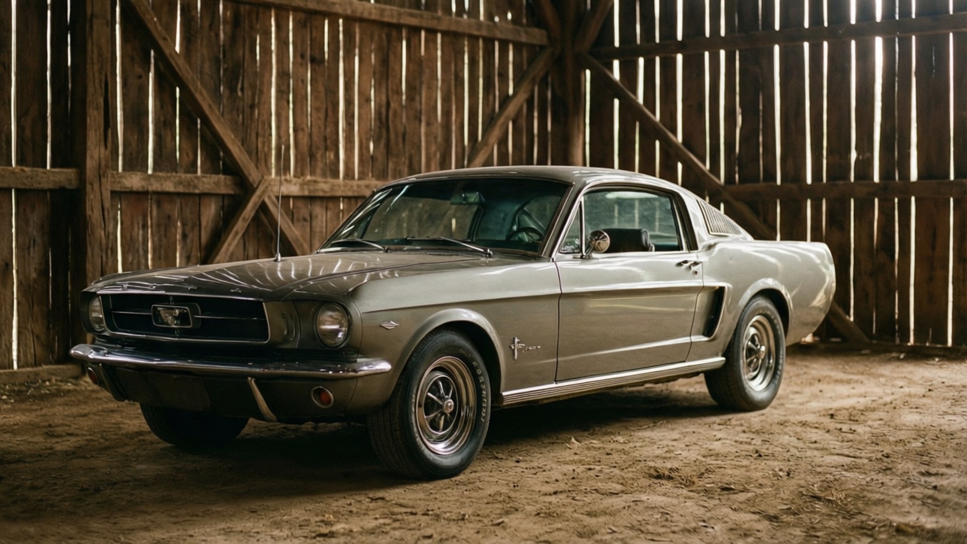 Barn Find Mustang 壁紙 — 一輛銀色1967年福特野馬Fastback在簡樸的木製穀倉泥土地板上，於柔和光線下閃閃發光。