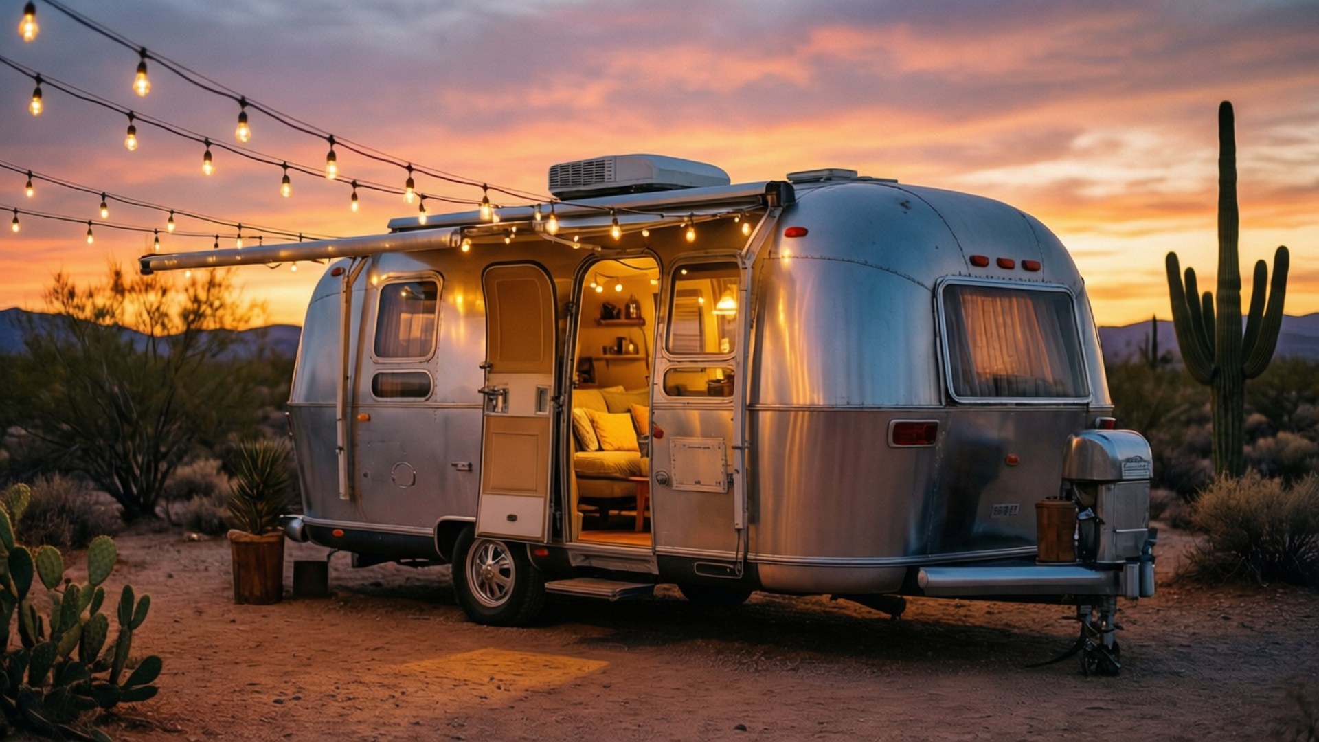 Desert Trailer Home 壁紙 — 一輛銀色Airstream拖車停在沙漠中，夕陽西下，門上方的串燈溫暖地照亮，敞開的門露出舒適的內部。