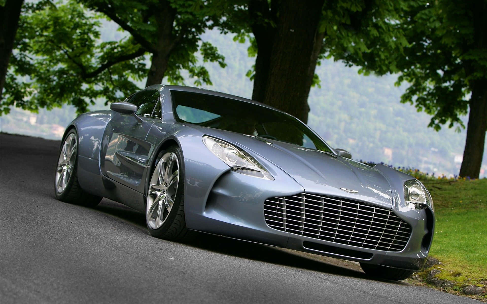 Aston Martin One-77 桌布 壁紙 — 一輛流線型銀色Aston Martin跑車停放在林蔭大道上，背景有茂密的綠樹和遠山。