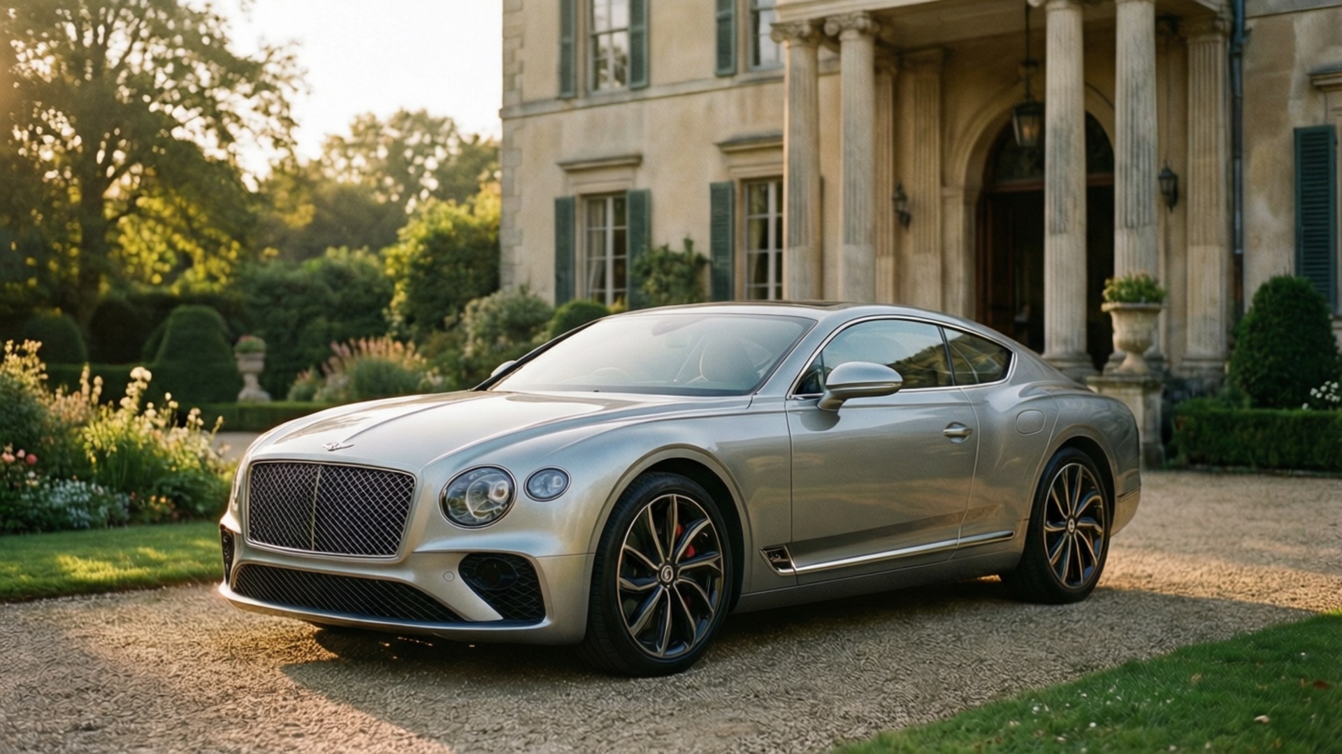 Bentley Azure 桌布 壁紙 — 一輛銀色賓利 Continental GT 停泊在碎石車道上，前方是一座宏偉的石砌豪宅，周圍有茂密的綠色花園，沐浴在金色的日落光芒中。
