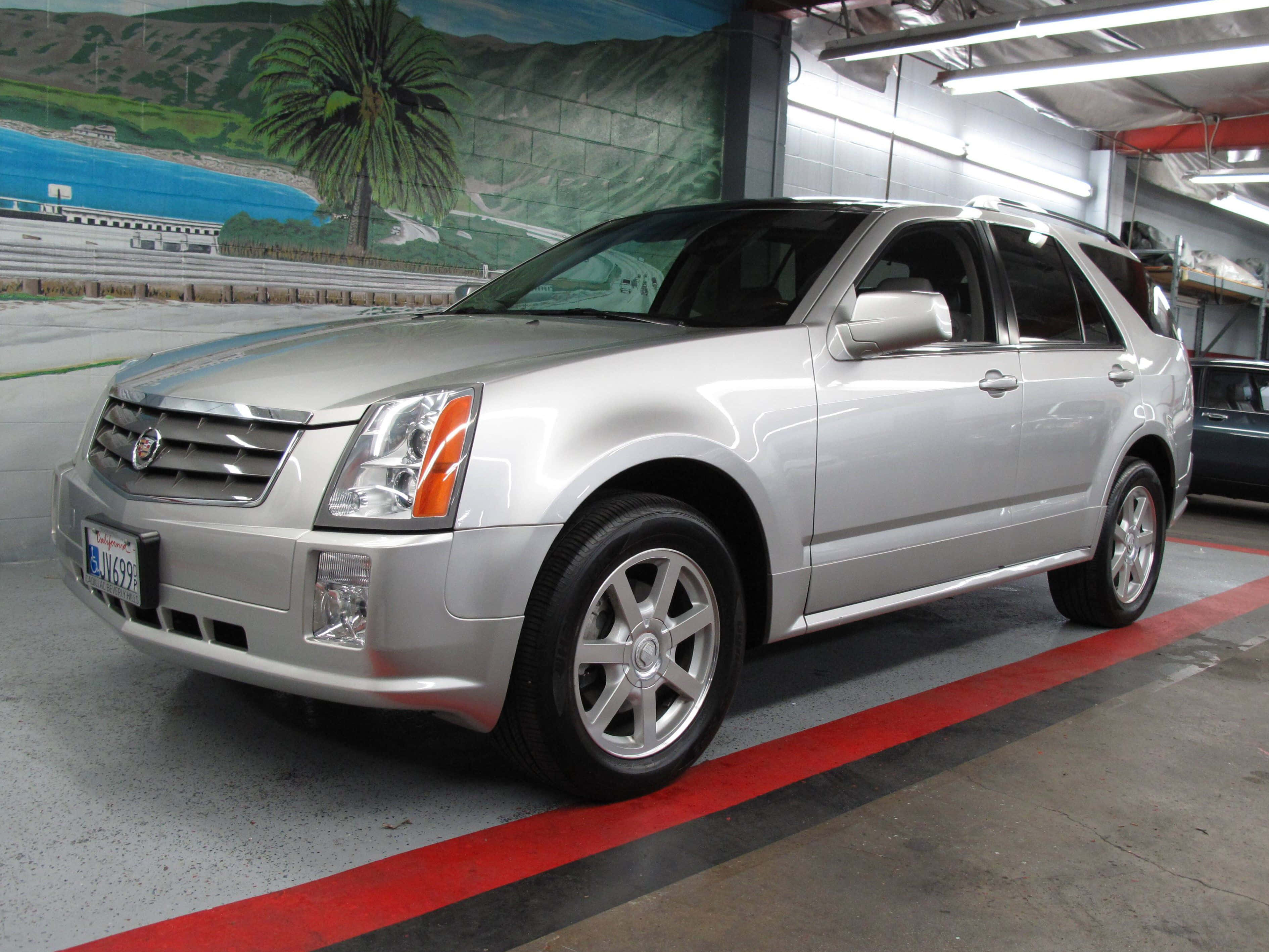 Cadillac Srx 桌布 壁紙 — 一輛銀色 Cadillac SRX SUV 停放在室內，地板有紅色條紋，後面牆上有熱帶壁畫。