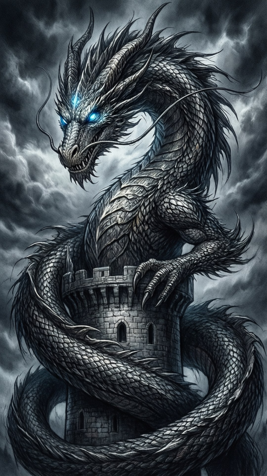 Dragon's Vigil 壁紙 — 一條巨大的銀龍，閃爍著藍色光芒的眼睛，纏繞著一座石塔，背景是暴風雨前的灰色天空。