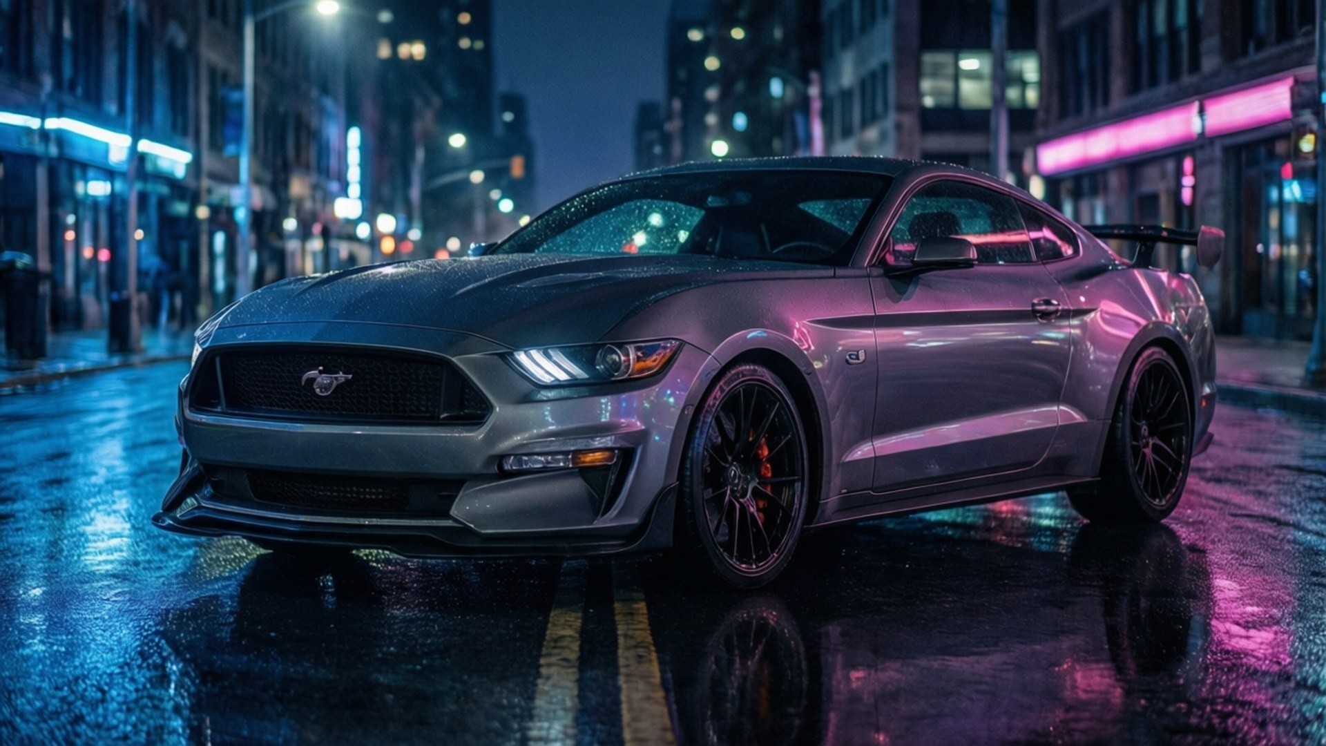 Gray Sports Car Night 壁紙 — 一輛時尚的銀色福特野馬GT在夜晚潮濕的城市街道上，在霓虹燈下閃閃發光。