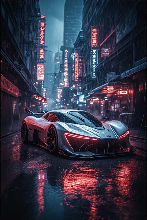 銀色未來汽車在夜晚濕潤的霓虹街道上 — 4K 壁紙