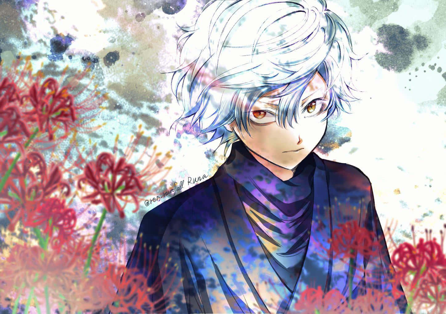  壁紙 — 一位銀髮琥珀色眼睛的動漫男孩，站在鮮紅色的彼岸花叢中，背景是水彩潑濺效果。