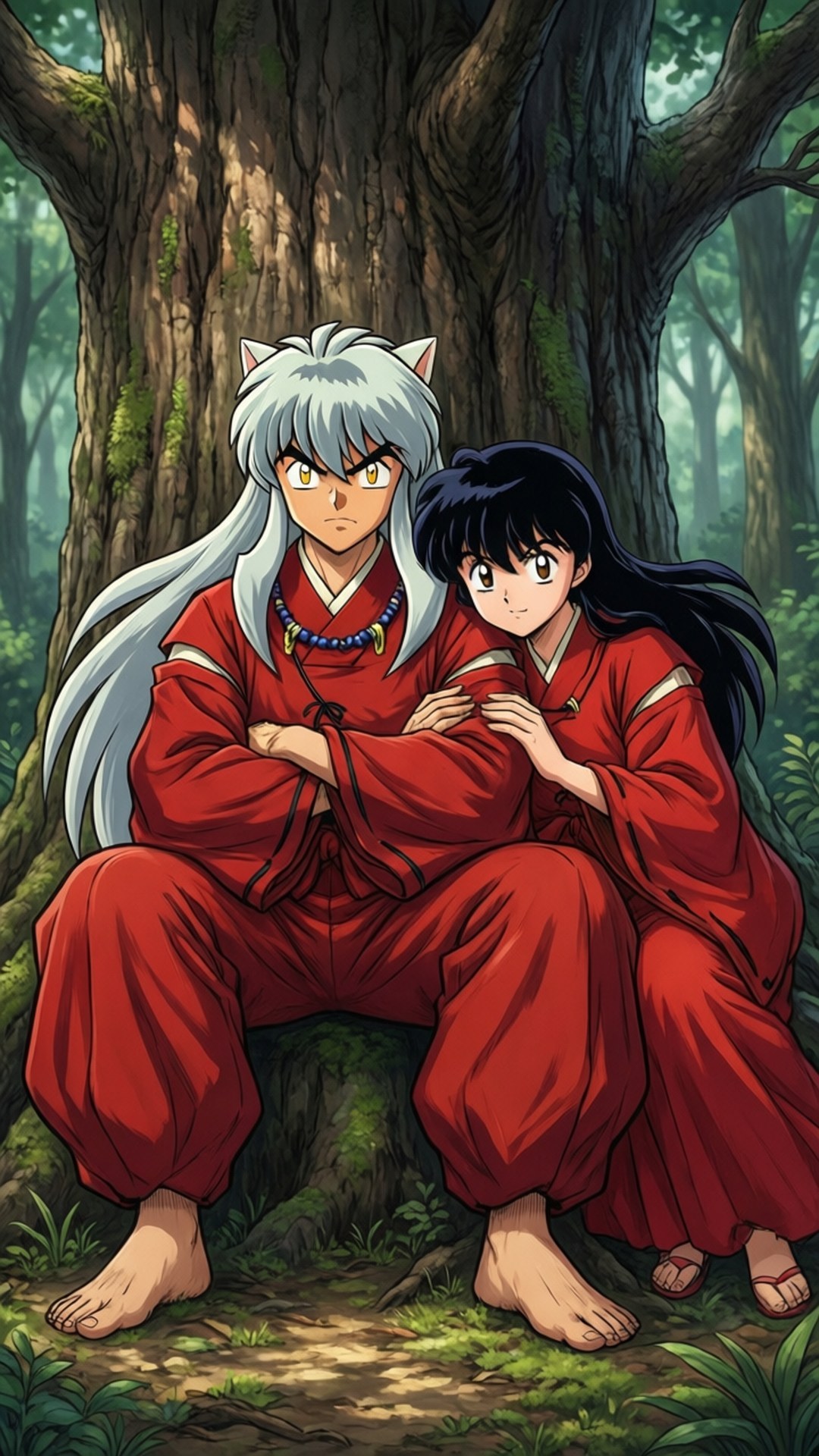 Inuyasha and Kagome Resting 壁紙 — 一個銀髮狐耳動漫男孩穿著紅色和服，坐在一個黑髮女孩旁邊，女孩也穿著相配的紅色長袍，他們在一棵長滿苔蘚的森林樹下。