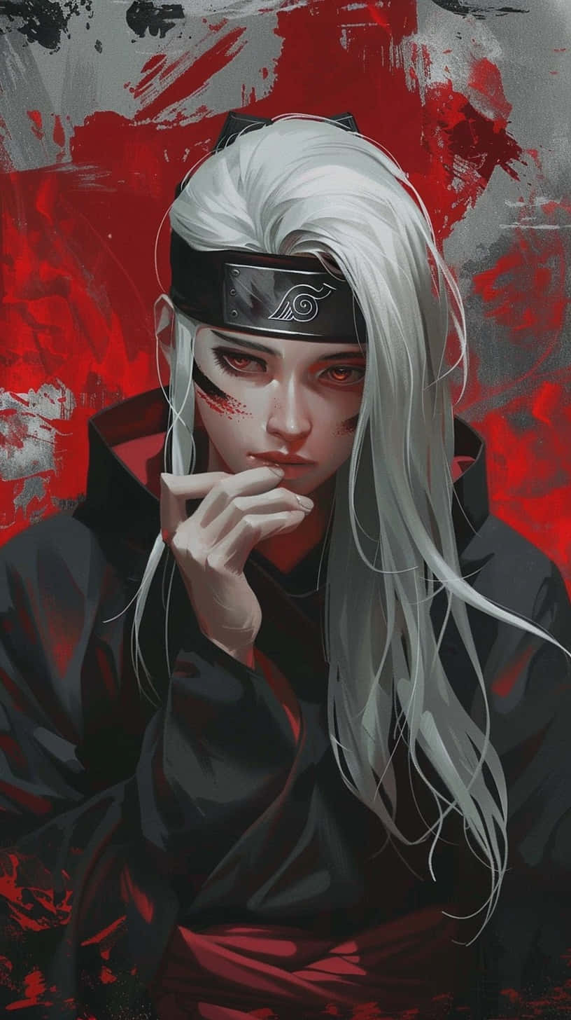  壁紙 — 一位銀髮動漫角色，身穿帶有紅色漩渦的黑色斗篷和頭帶，在鮮明的紅色和灰色抽象背景前若有所思地凝視。