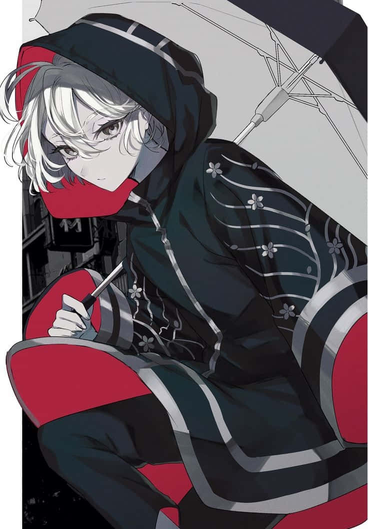  壁紙 — 一個銀髮動漫角色穿著黑色和紅色的連帽服裝，坐在紅色椅子上，在雨中的城市背景下撐著傘。