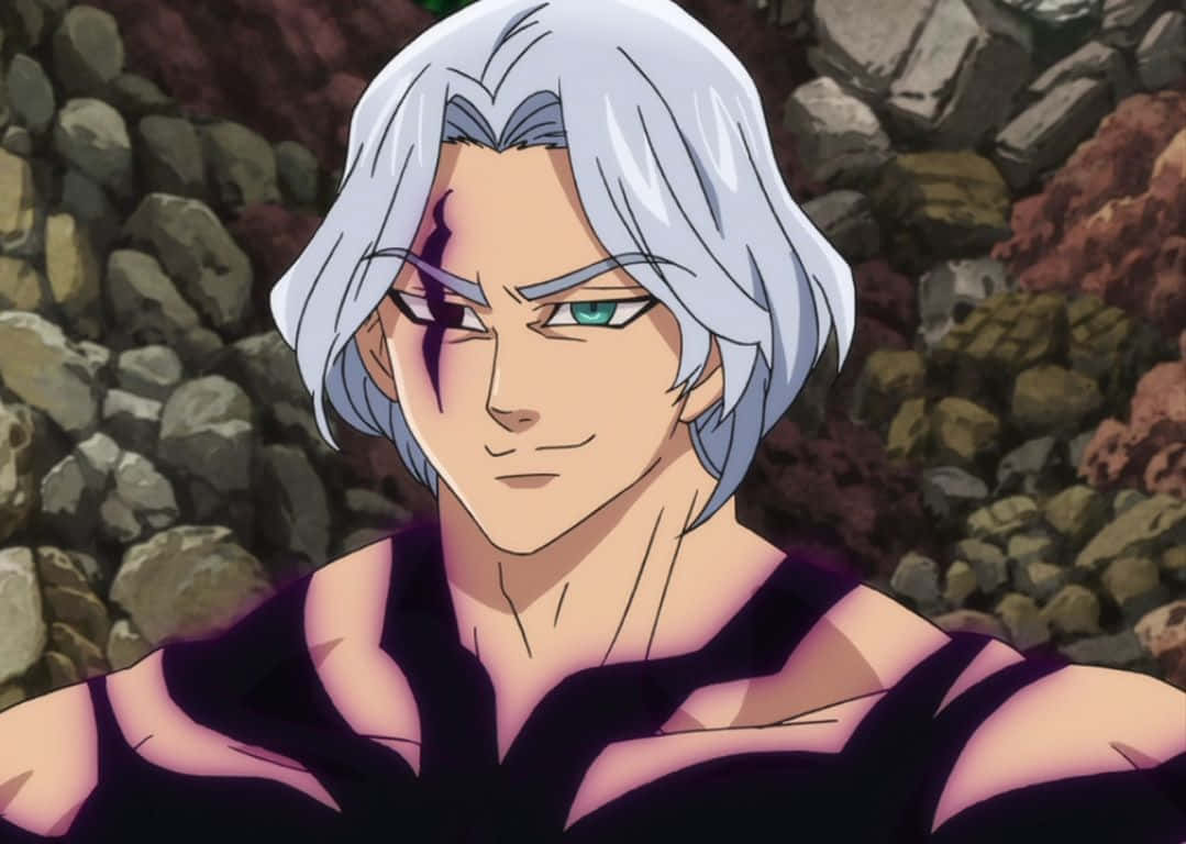 Seven Deadly Sins Hendrickson 桌布 壁紙 — 一個銀色頭髮的動漫角色，有一隻綠色和一隻紫色的眼睛，站在岩石背景前。