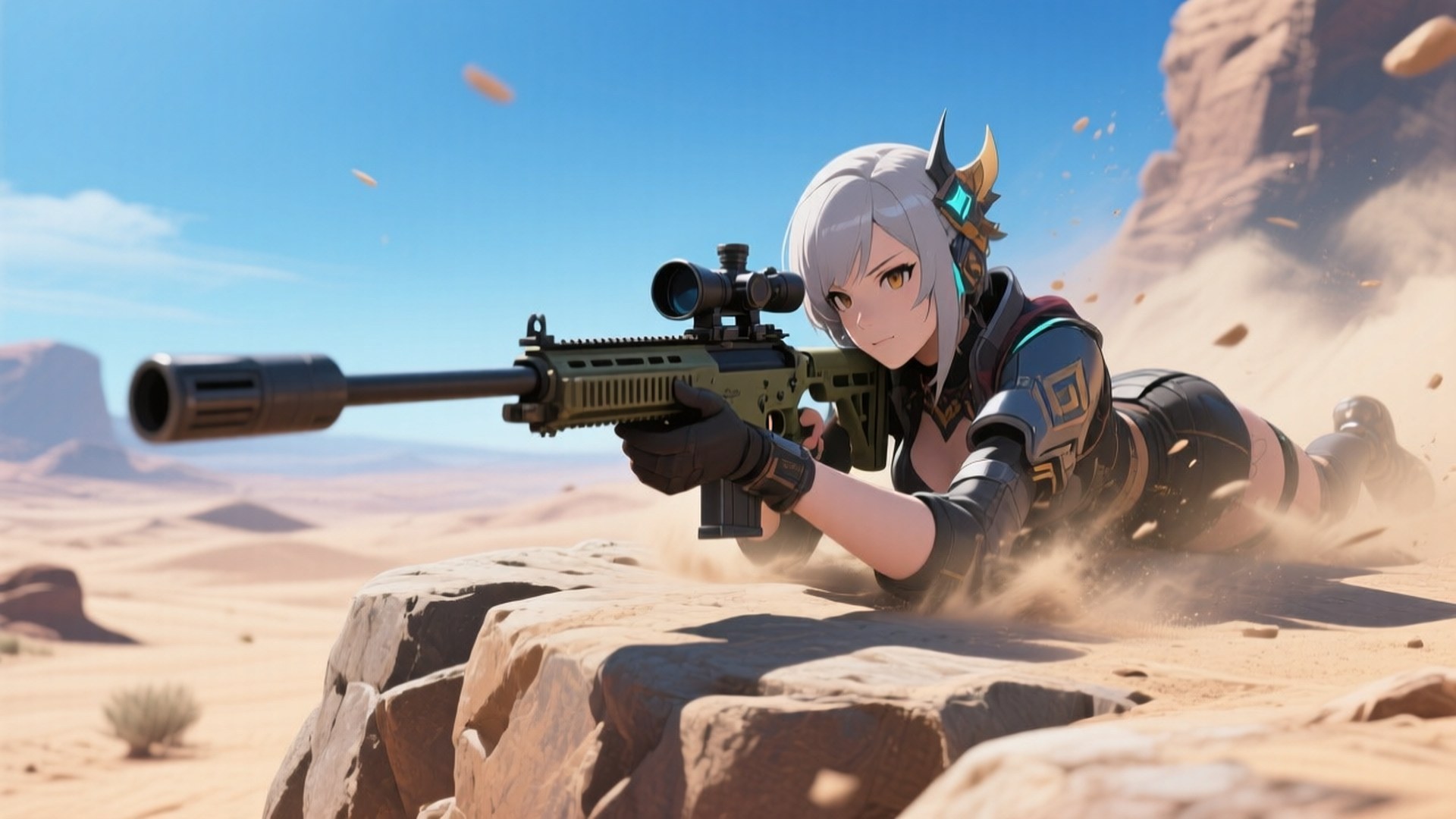 Sniper's Calm 壁紙 — 一位銀髮動漫女孩穿著黑色盔甲，在陽光明媚的沙漠中從岩石後瞄準狙擊步槍，沙子飛揚。