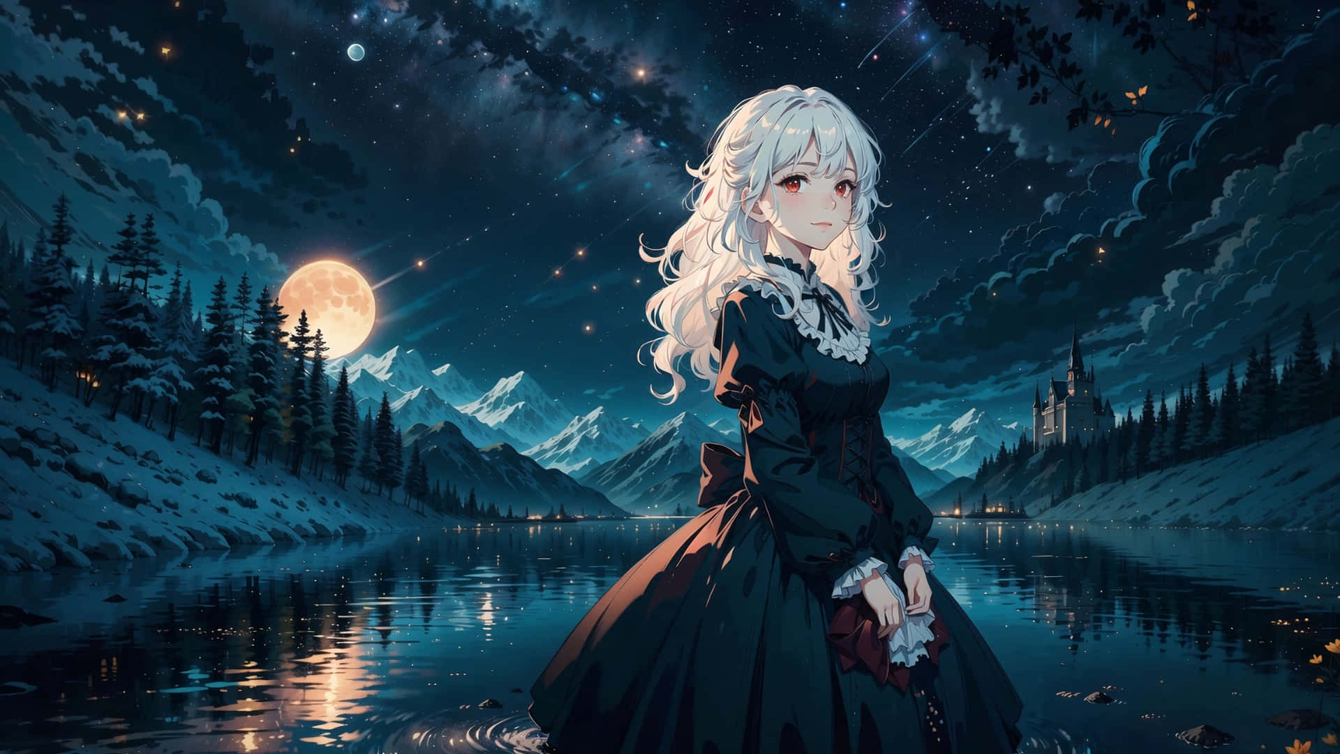  壁紙 — 一位銀髮動漫女孩穿著深色連衣裙，站在月光照耀的水中，背景是白雪覆蓋的山脈和城堡，在繁星點點的夜空下。