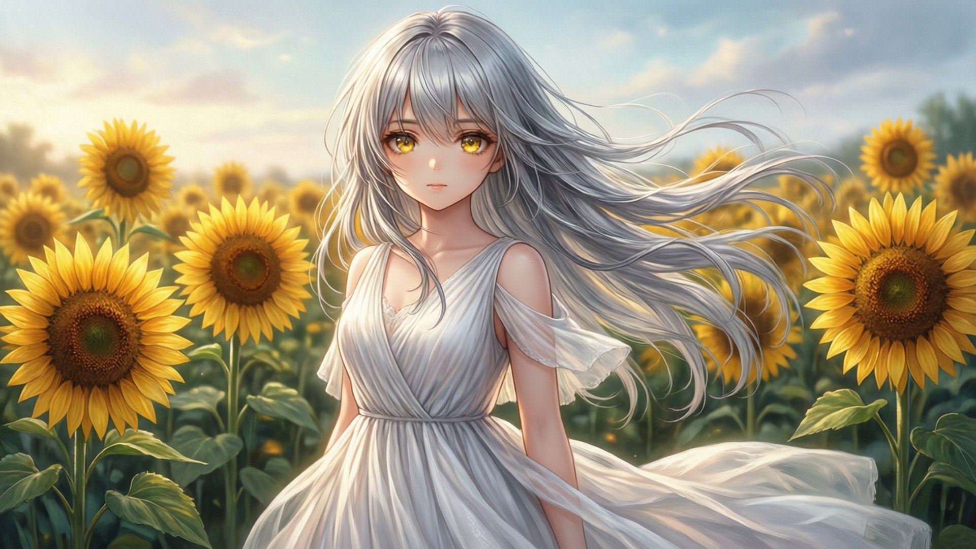 Silver Hair Sunflower Field 壁紙 — 一位銀髮動漫女孩穿著白色連衣裙，站在柔和的天空下，置身於充滿活力的向日葵田中。