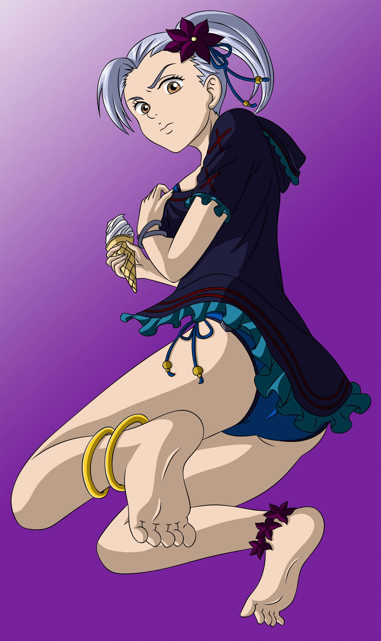 Seven Deadly Sins Jericho 桌布 壁紙 — 一位銀髮動漫女孩穿著深藍色服裝，跪著手持金色武器，背景為紫色漸變。
