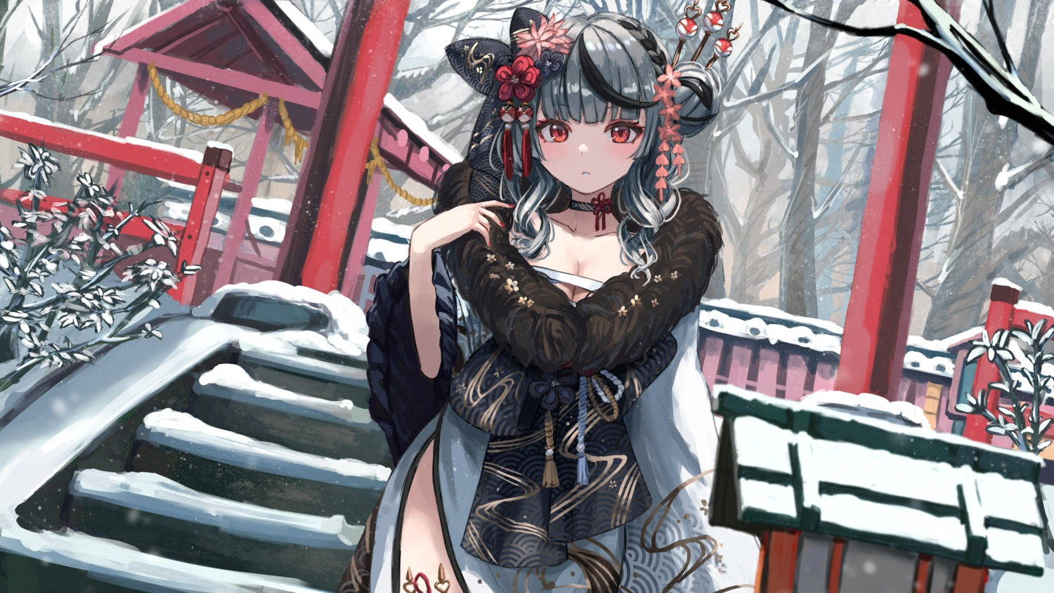 冬季和服動漫少女，在雪中日本神社前，紅色柱子。 — 動漫風格 壁紙