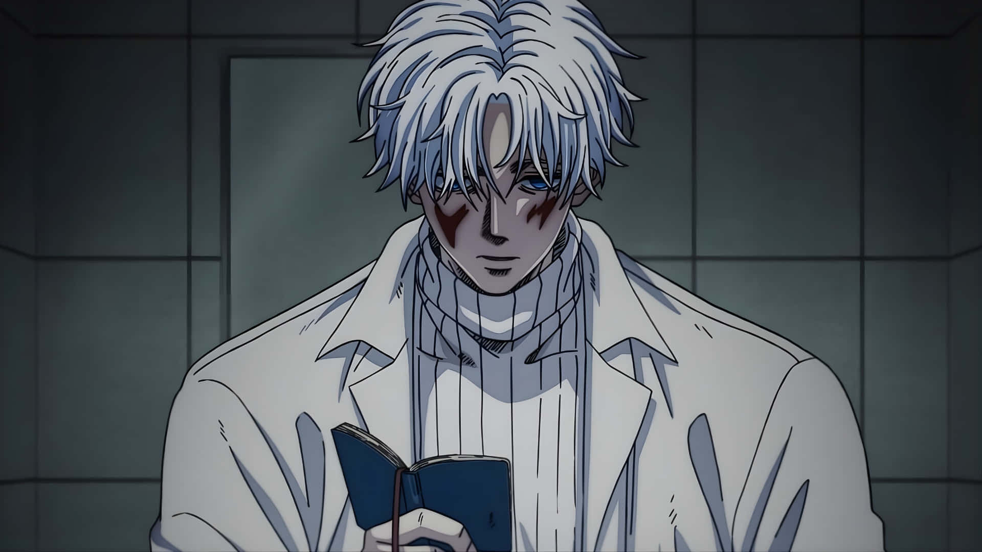  壁紙 — 一位銀髮動漫男子滿臉是血，在昏暗的磁磚房間裡拿著一本書。