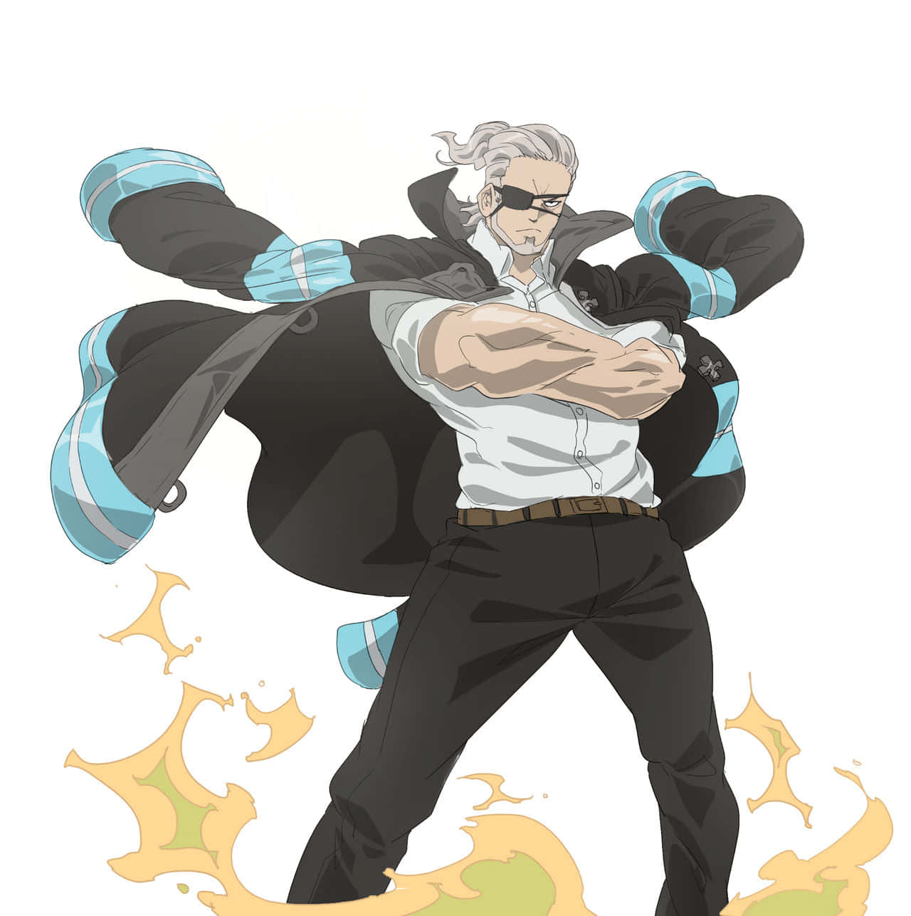 戴眼罩、身穿黑色外套的動漫男子被黃色能量包圍。 — Fire Emblem Warriors 壁紙