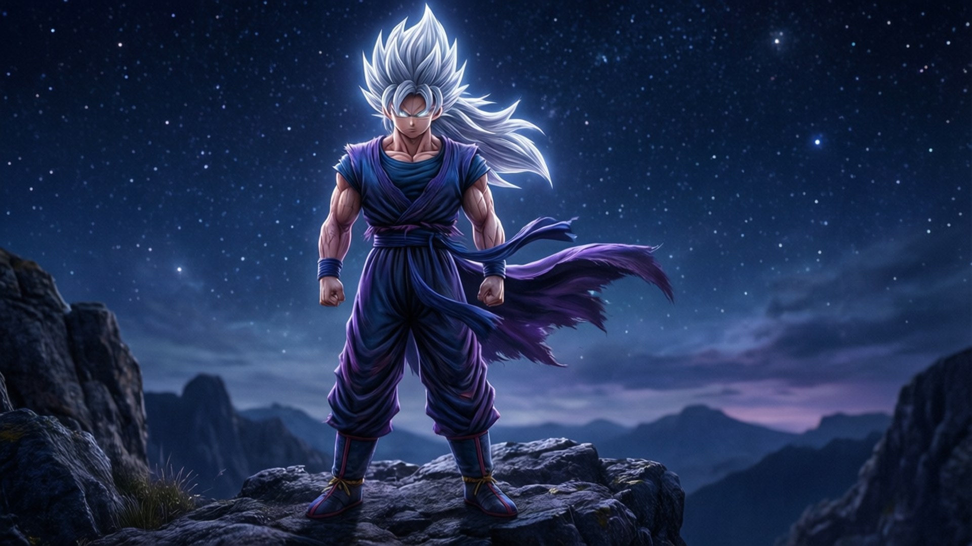 Ultra Instinct Under Stars 壁紙 — 一位銀髮動漫戰士穿著紫色道服，挑釁地站在星空下的岩石懸崖上。