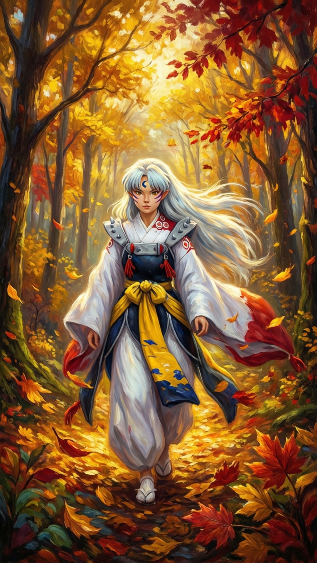 大神 桌布 壁紙 — 一位銀髮動漫戰士身穿白色和藍色盔甲，走過陽光明媚的秋日森林，紅葉和金葉飄落。