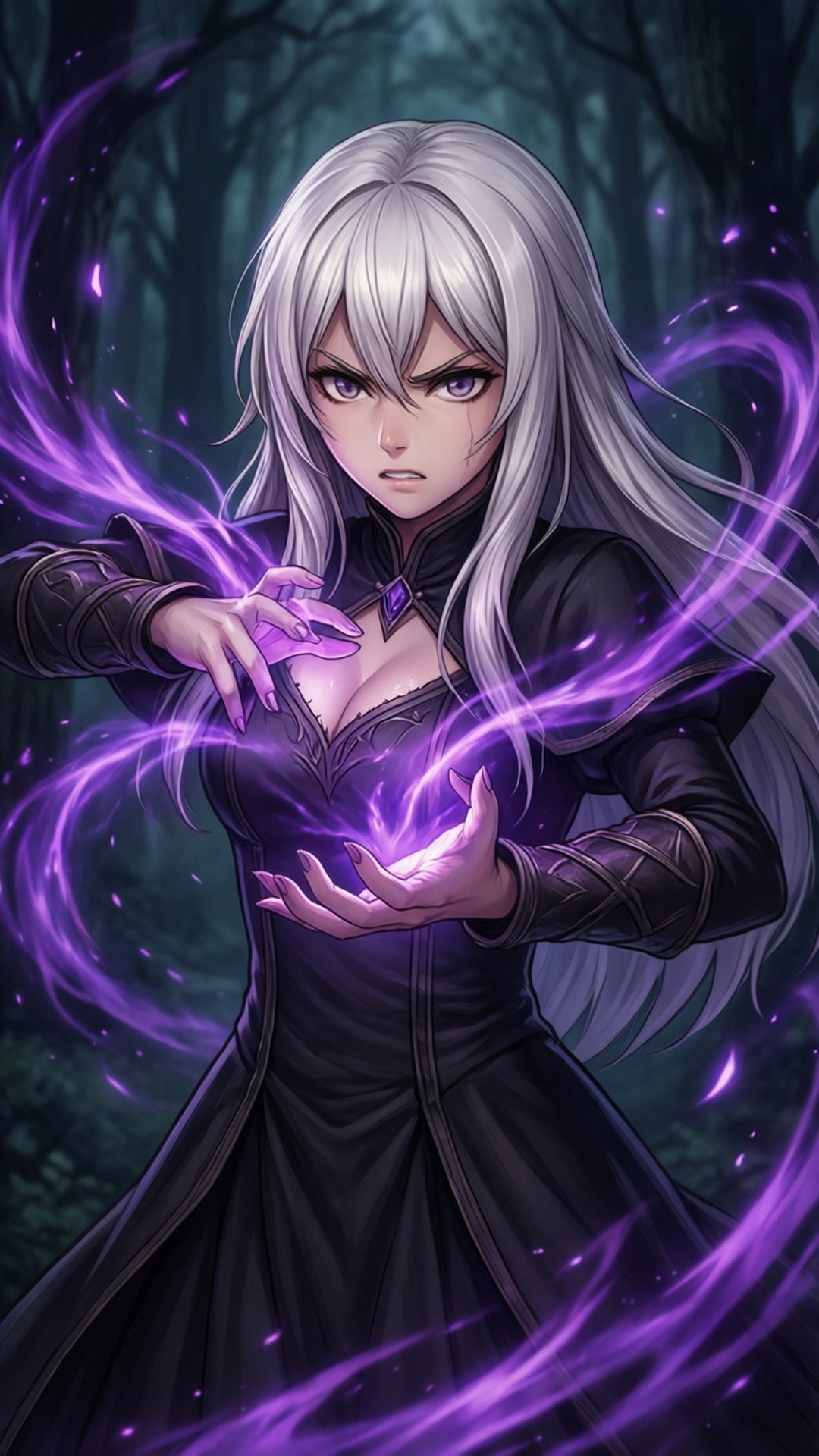 Mage of the Deer 壁紙 — 一位銀髮動漫女巫穿著黑色長袍，在黑暗森林中引導旋轉的紫色魔法。