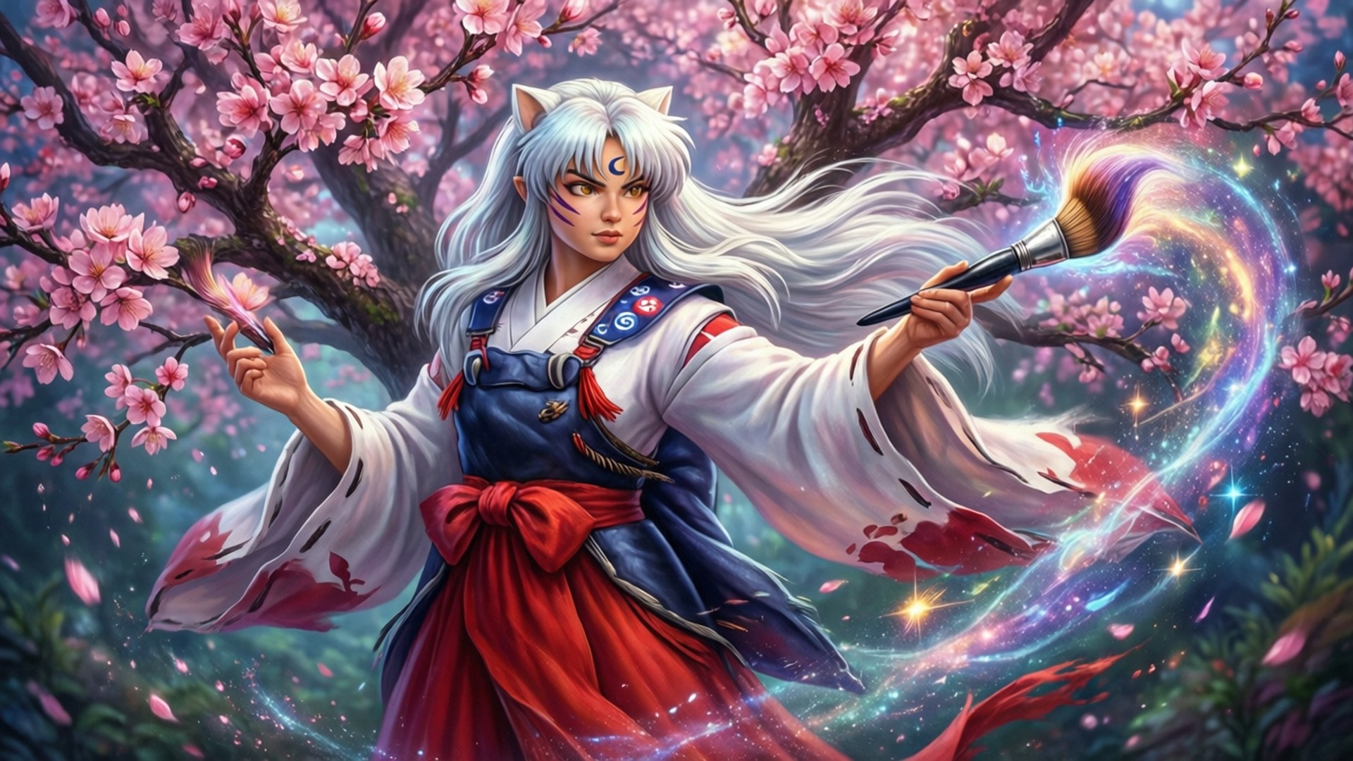 大神 桌布 壁紙 — 一隻銀髮狐妖穿著傳統長袍，在盛開的櫻花樹下用畫筆描繪宇宙魔法。