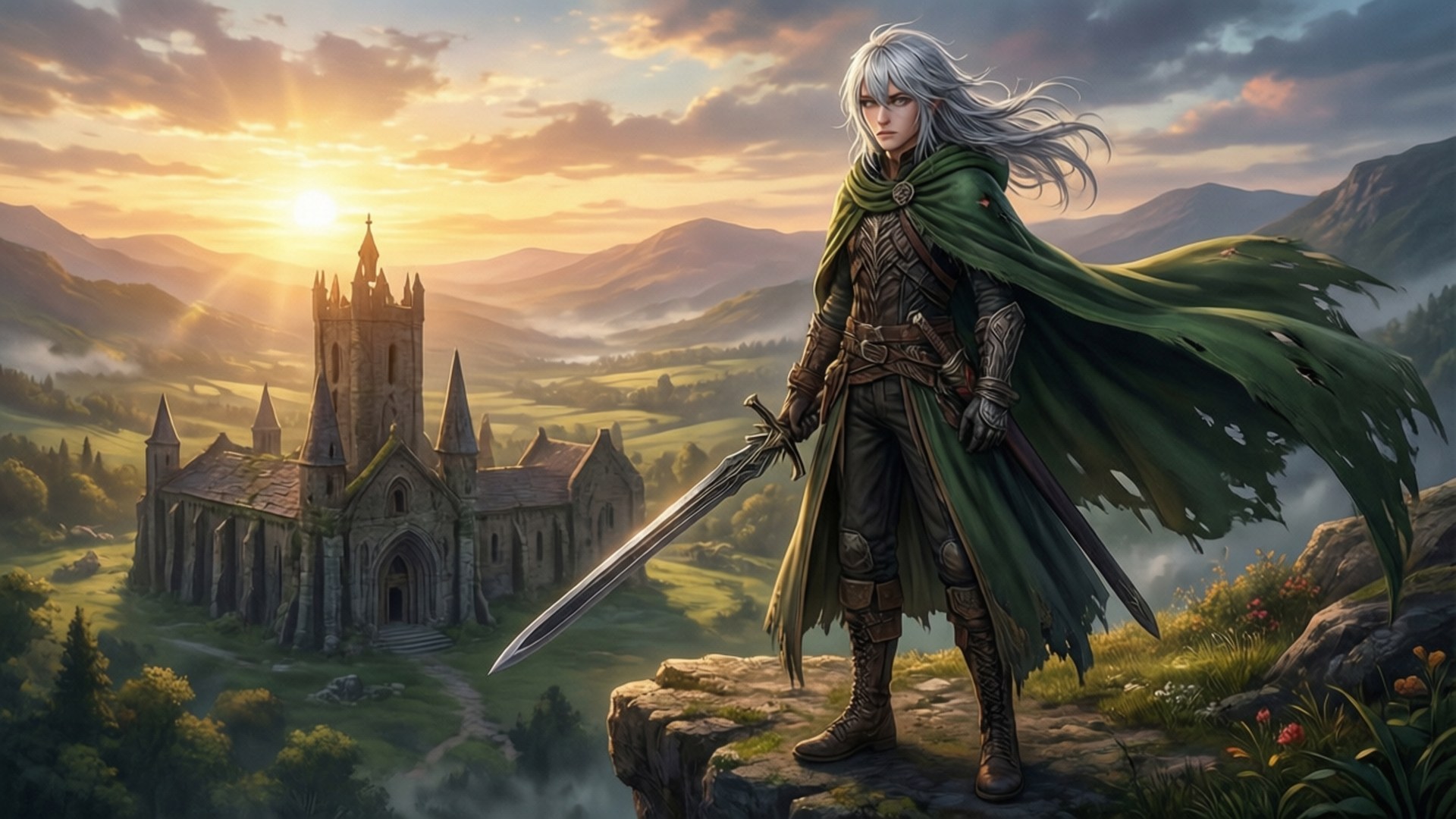 Ashen Demon's Dawn 壁紙 — 一位銀髮戰士身穿綠色斗篷，站在懸崖邊緣，手持劍，俯瞰著霧氣繚繞的山巒中陽光普照的哥德式大教堂。