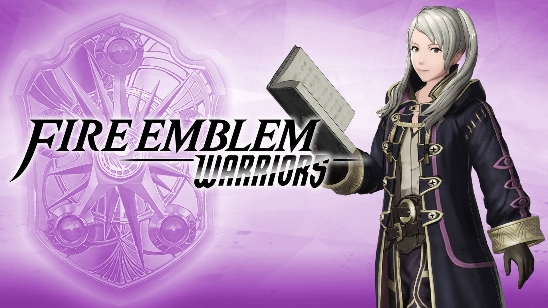 動漫戰士在紫色背景上手持帶有遊戲標誌和盾牌徽章的書。 — Fire Emblem Warriors 壁紙