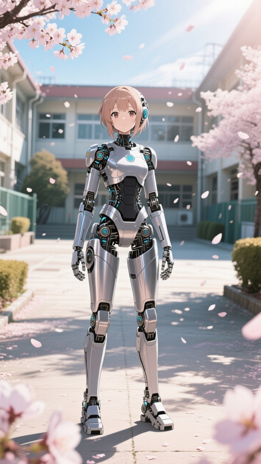 Android in Bloom 壁紙 — 一個銀色人形機器人帶有發光藍色點綴，站在陽光普照的學校庭院中飄落的櫻花下。