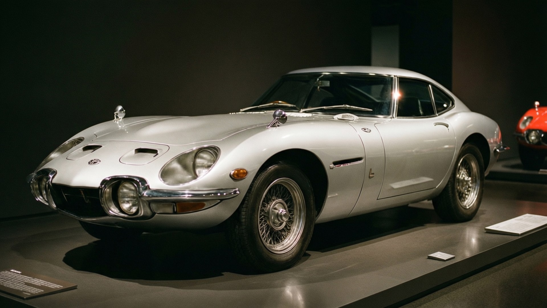 2000GT Museum Piece 壁紙 — 一輛純淨的銀色積架E-Type經典跑車在博物館聚光燈下，在升高的展示平台上閃閃發光。