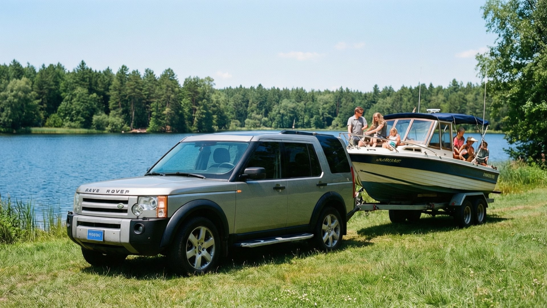 Lake Adventure Discovery 壁紙 — 一輛銀色 Land Rover 在晴朗藍天下，於草叢生的湖岸拖著一艘載有家庭的船。