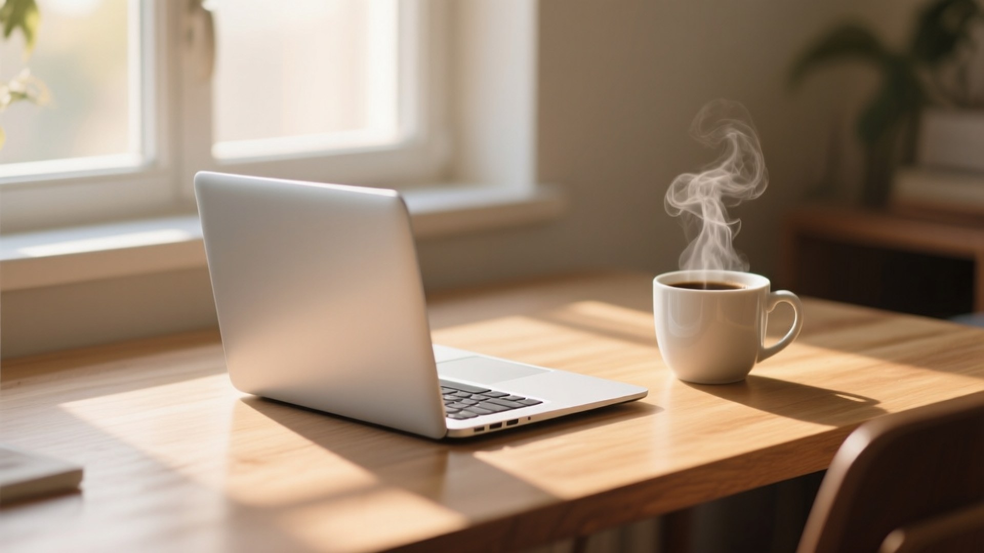 Morning Coffee Laptop 壁紙 — 一台銀色筆記型電腦和一杯冒煙的咖啡放在木桌上，桌上灑滿從附近窗戶射進來的溫暖陽光。