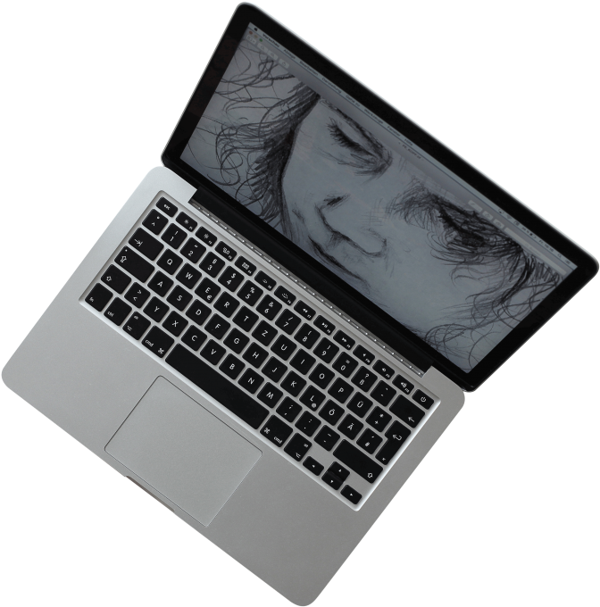 銀色筆記型電腦顯示一個人臉的黑白數位素描。 — Macbook Pro 壁紙