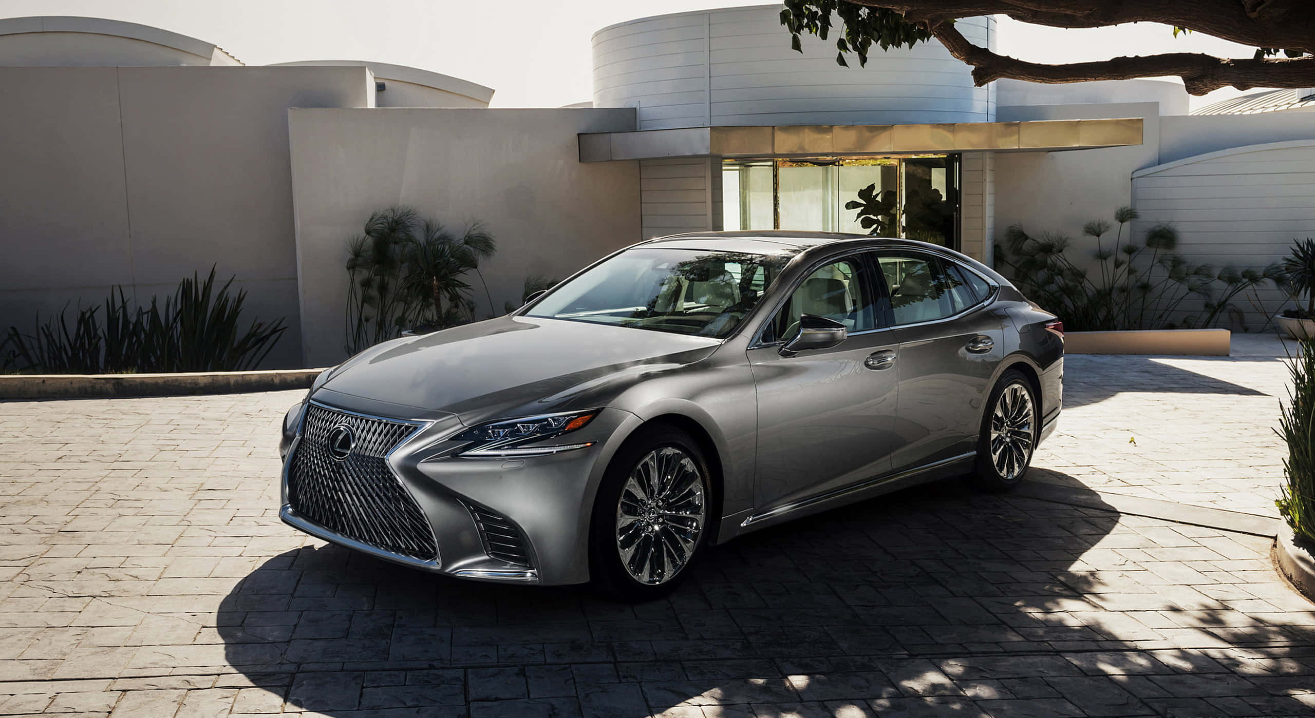 Lexus Ls 500 桌布 壁紙 — 一輛時尚的銀色凌志轎車停放在陽光普照的石頭車道上，前面是帶有棕櫚樹的現代白色房屋。