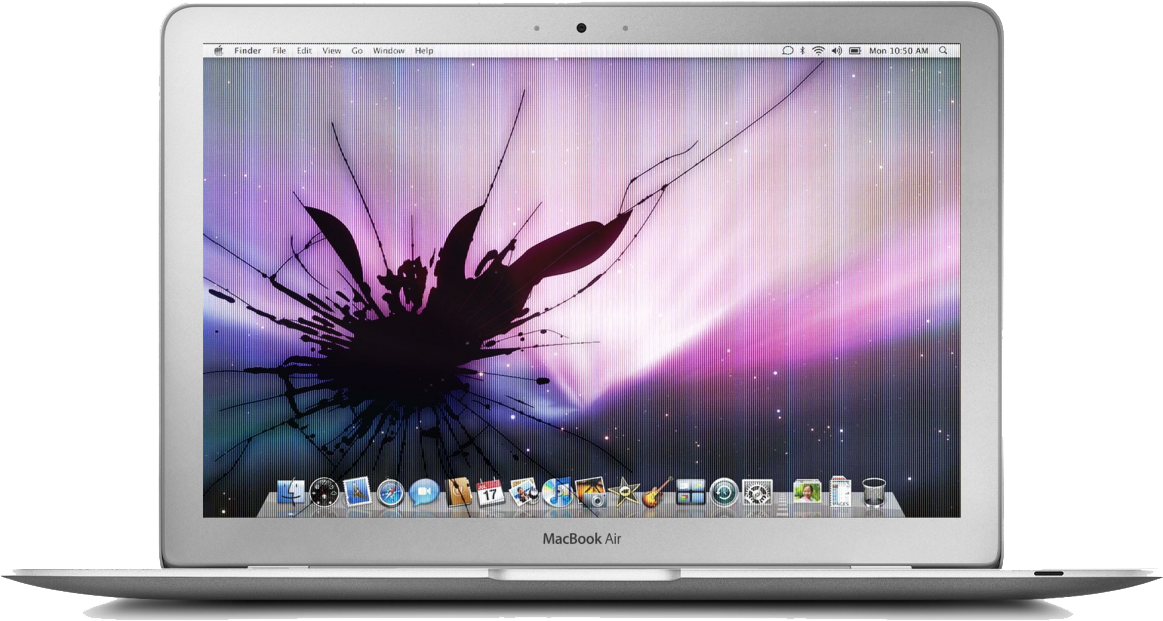銀色 MacBook Air 帶有破裂的螢幕，顯示紫色極光桌布和 macOS Dock。 — Macbook Pro 壁紙