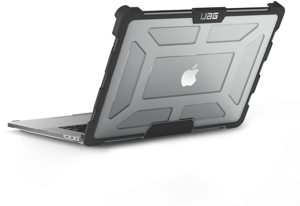 銀色MacBook裝在灰色保護殼中，置於黑色背景前。 — Macbook Pro 壁紙