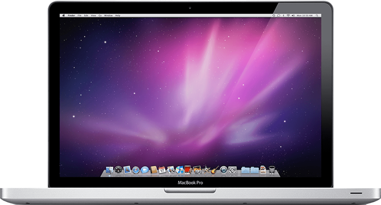 銀色 MacBook Pro 顯示極光桌布和 macOS Dock — Macbook Pro 壁紙