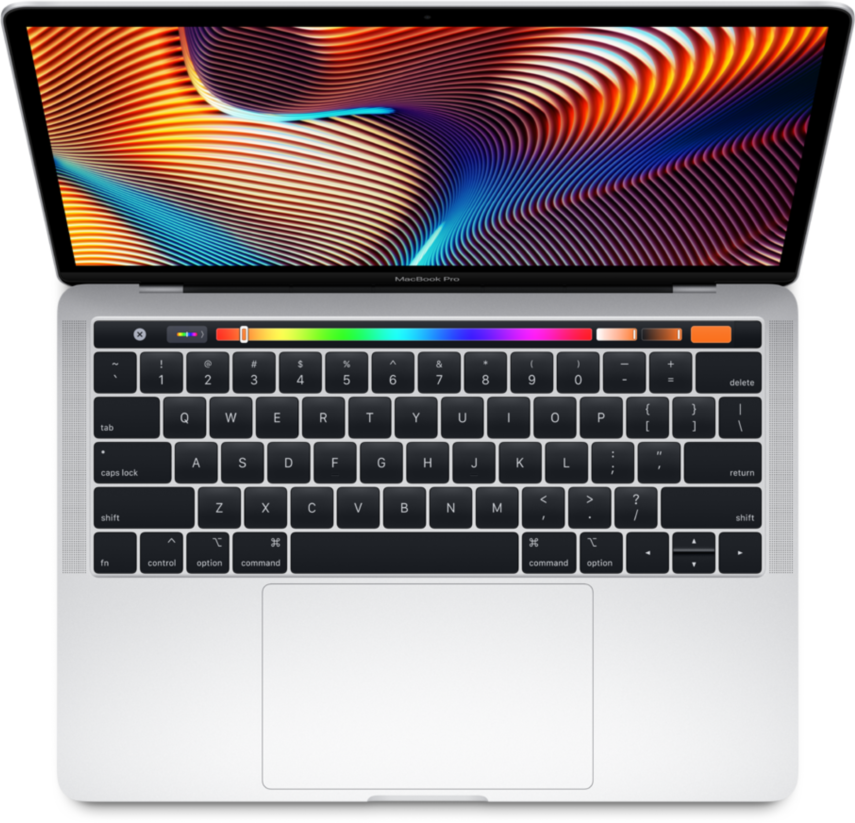 銀色 MacBook Pro 筆記型電腦，螢幕上顯示彩色抽象桌布。 — Macbook Pro 壁紙