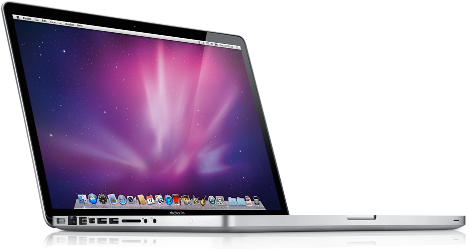 銀色 MacBook Pro 筆記型電腦，帶有宇宙紫色粉紅色桌布和可見的 Dock。 — Macbook Pro 壁紙