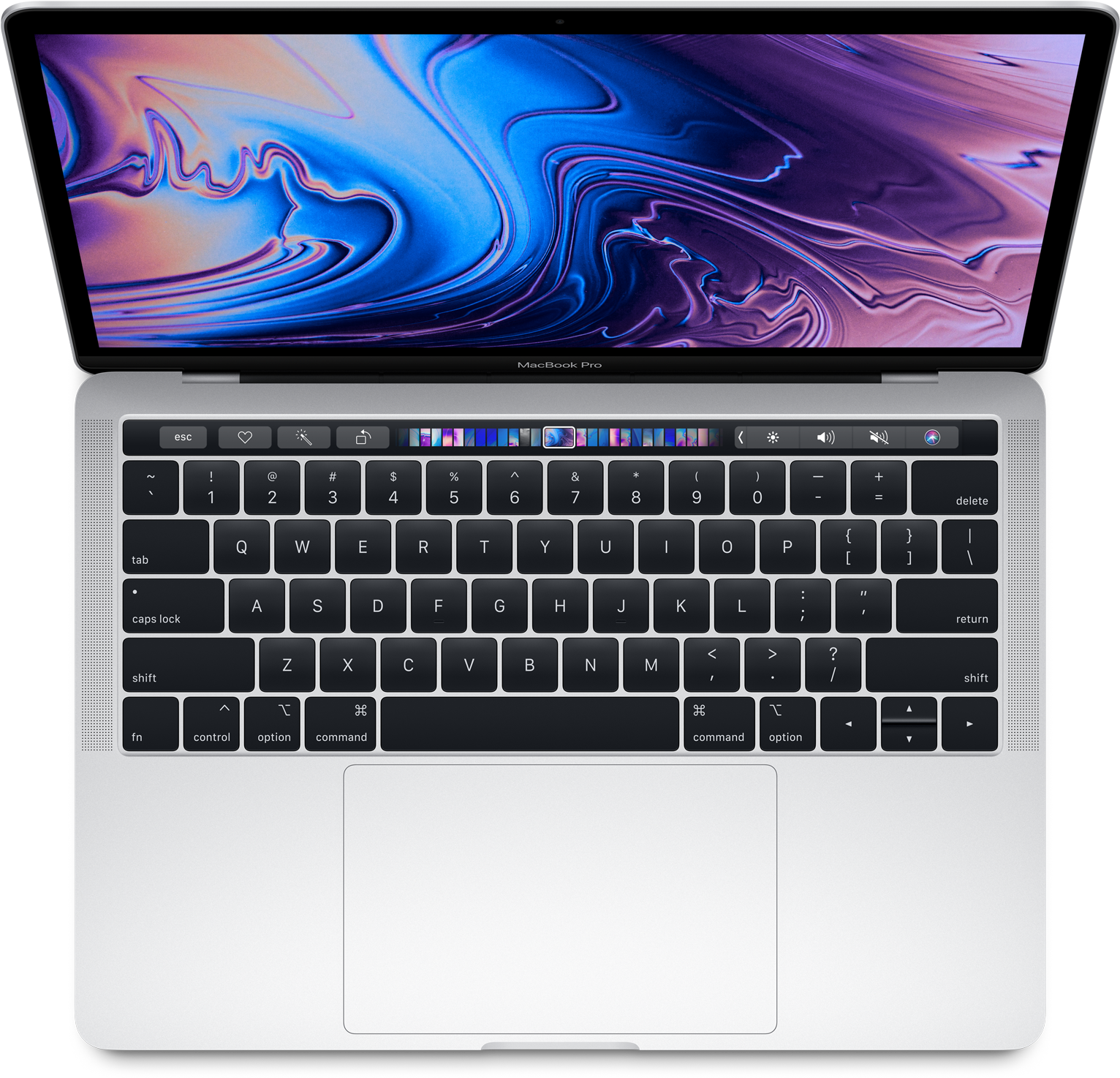 銀色 MacBook Pro 筆記型電腦，螢幕上顯示抽象彩色桌布。 — Macbook Pro 壁紙