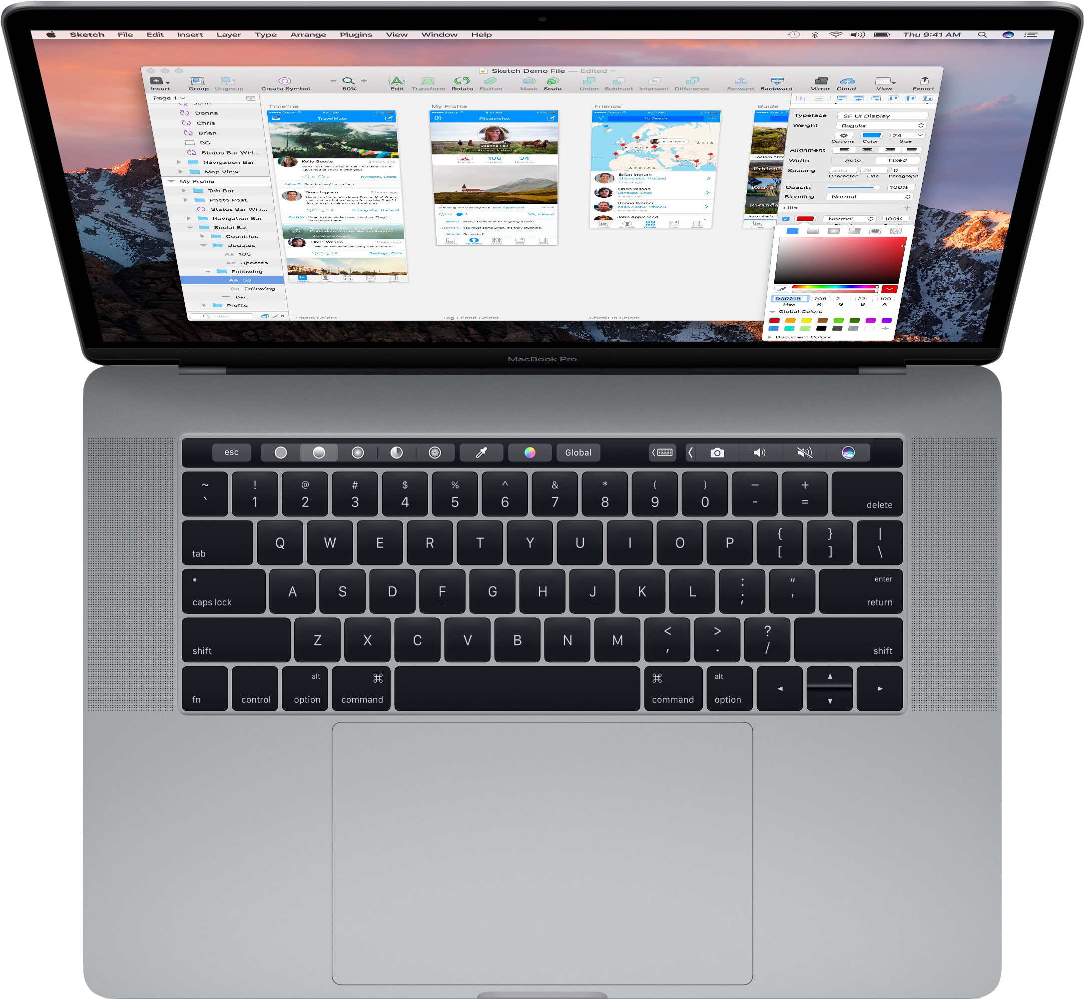 銀色MacBook Pro筆記型電腦打開，顯示帶有山景日落壁紙的設計軟體。 — Macbook Pro 壁紙