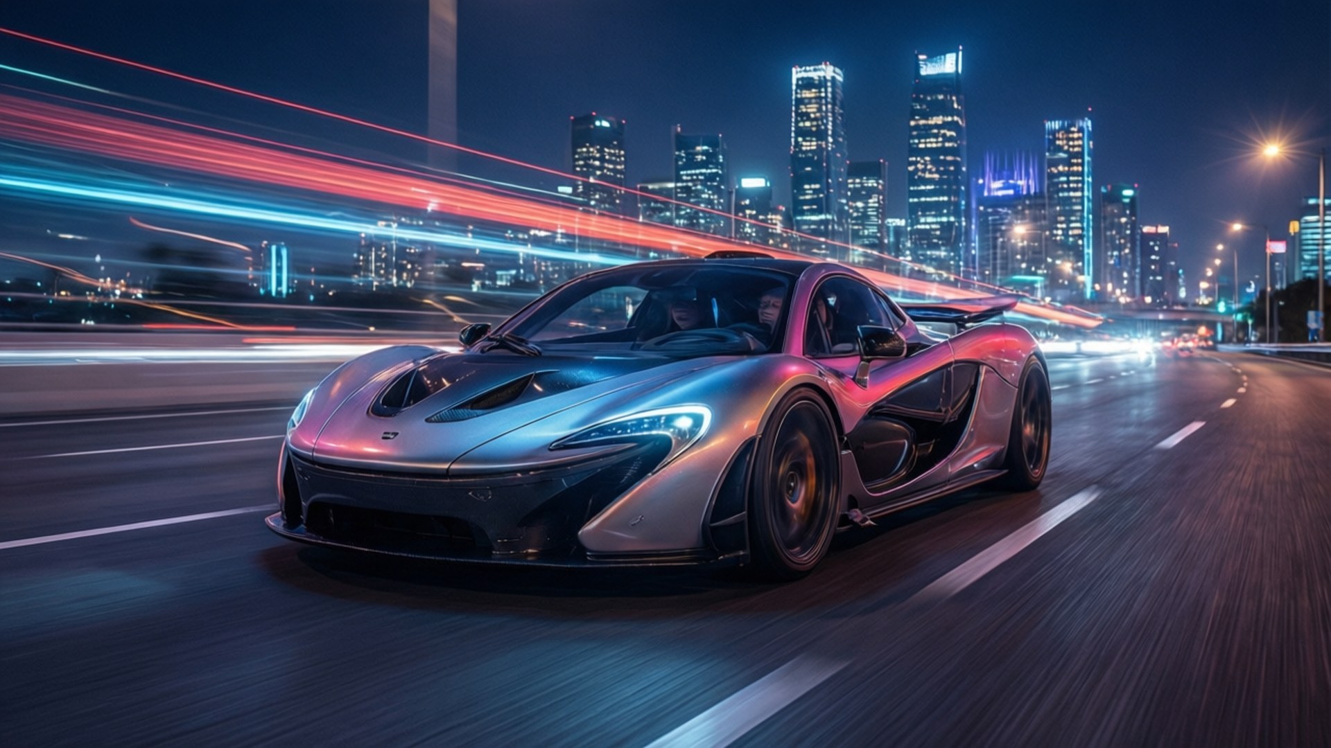 Neon Speed 壁紙 — 一輛銀色McLaren超級跑車在夜晚穿過霓虹燈閃爍的城市，留下光跡。