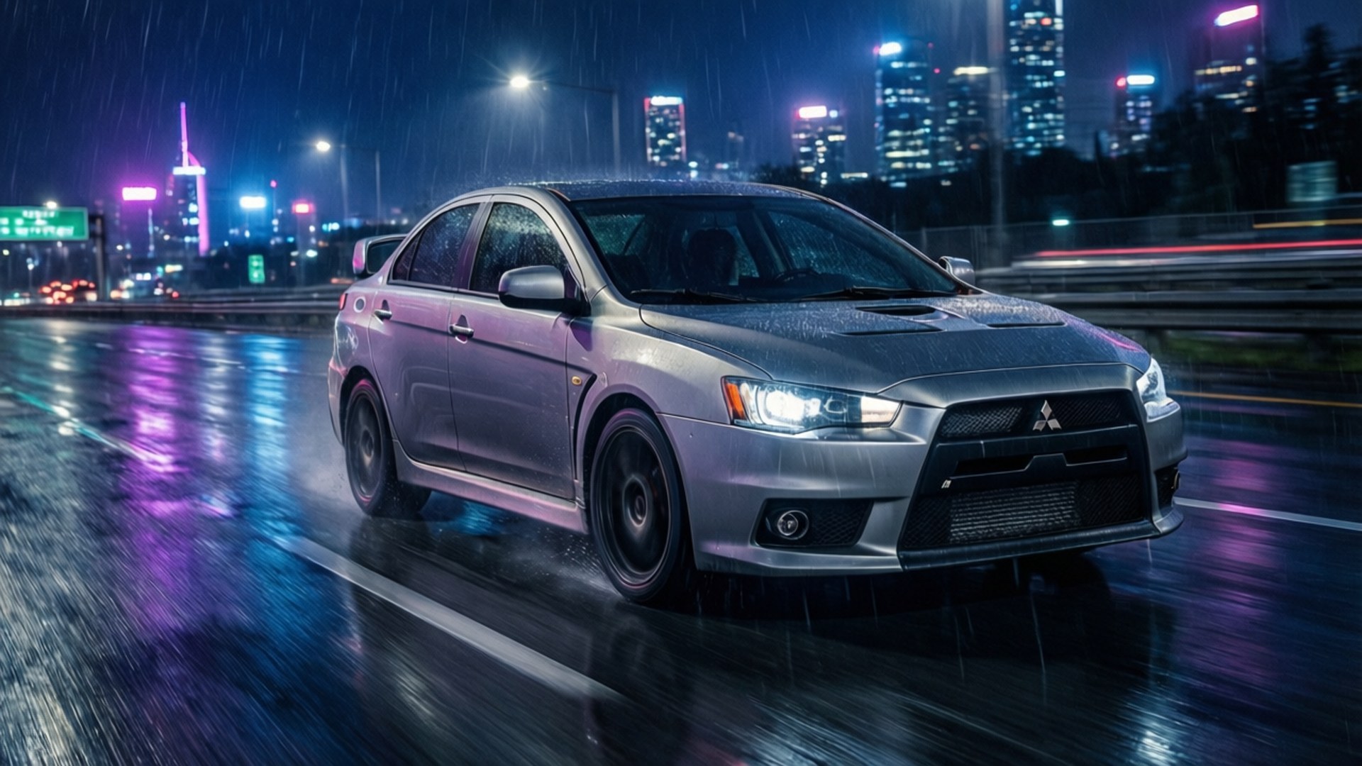 Neon Night Evo 壁紙 — 一輛銀色三菱Lancer Evolution在夜間於濕滑的雨夜城市街道上飛馳，霓虹燈光在潮濕的路面上反射。
