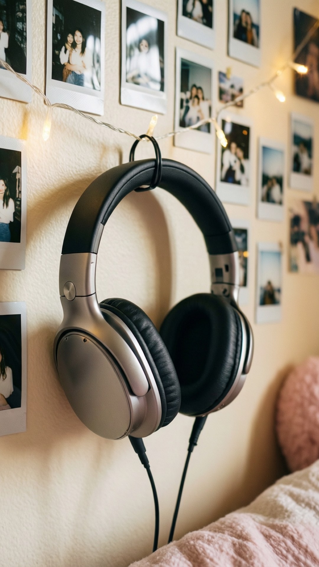 Headphones and Memories 壁紙 — 銀色頭戴式耳機掛在掛鉤上，背景是貼滿拍立得照片和燈串的牆壁。