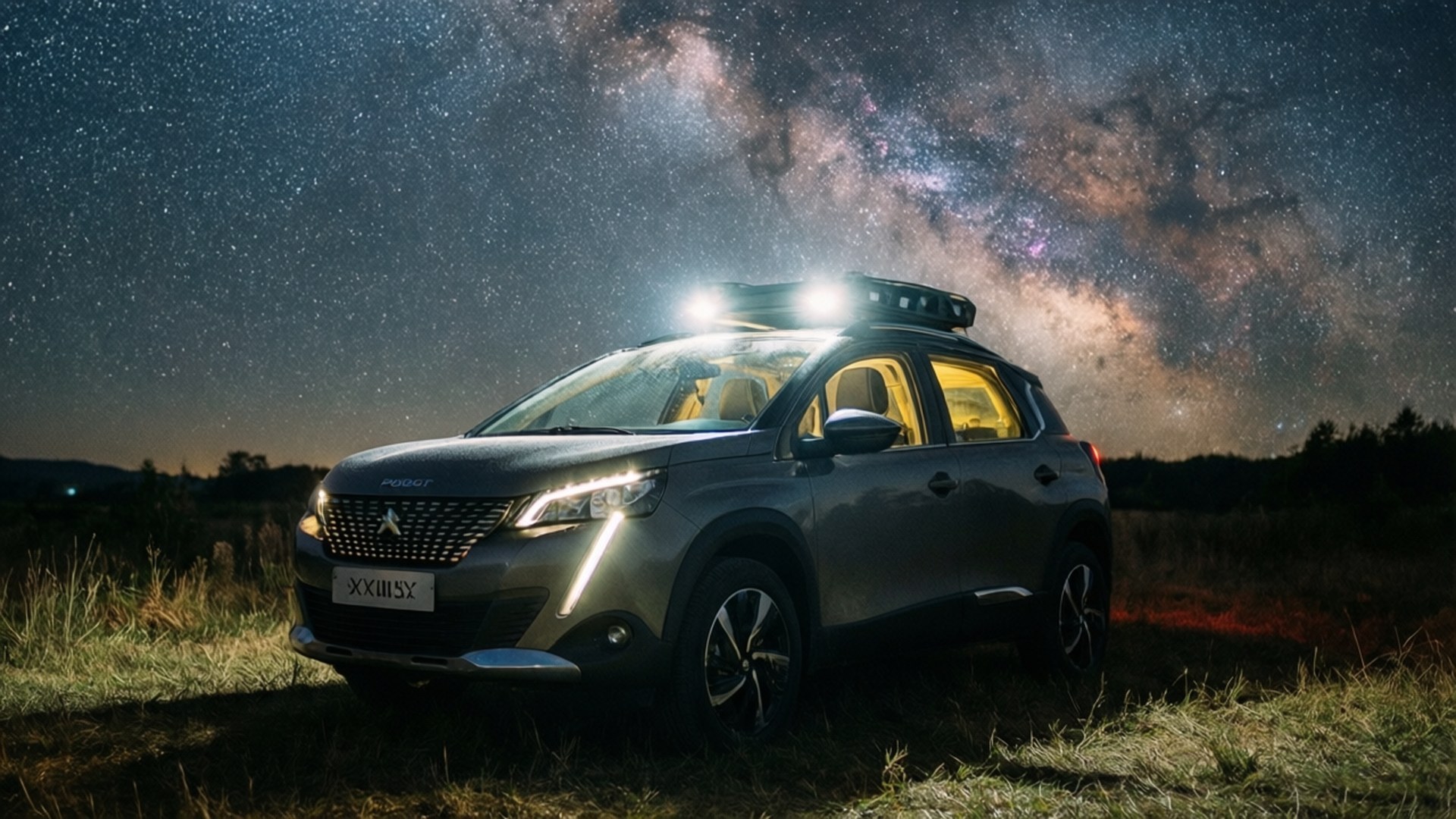 Starry Night 2008 壁紙 — 一輛銀色Peugeot SUV配備車頂燈，停在草地田野上，上方是璀璨的銀河系。