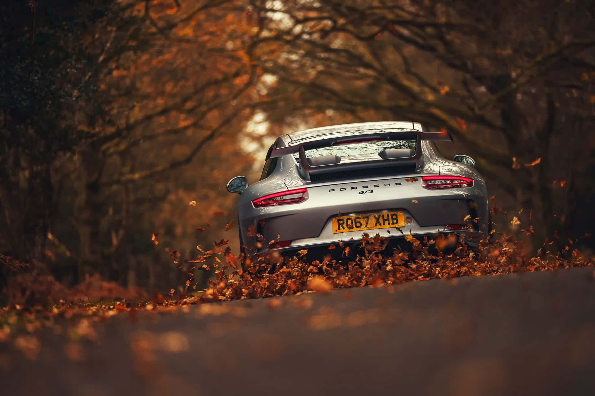 銀色保時捷911 GT3在森林道路上駛過秋葉。 — 汽車 4K 壁紙
